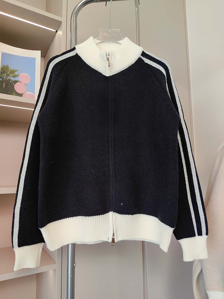 Women's new contrast striped double zipper knit cardigan coat