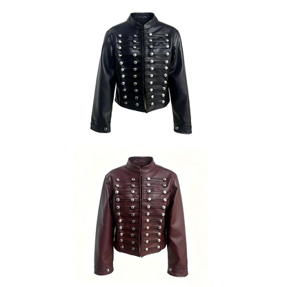 Women's button decoration short Faux Leather jacket Coat