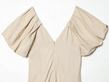 Women's Bubble sleeve Linen Blend Midi Dress