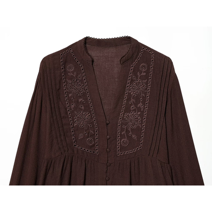 Women's V-neck pleated embroidered shirt