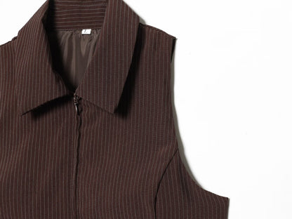 suit Women's 2 pieces sleeveless lapel striped zipper vest+Pants