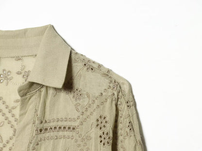 Women's hollowed out embroidered lapel shirt