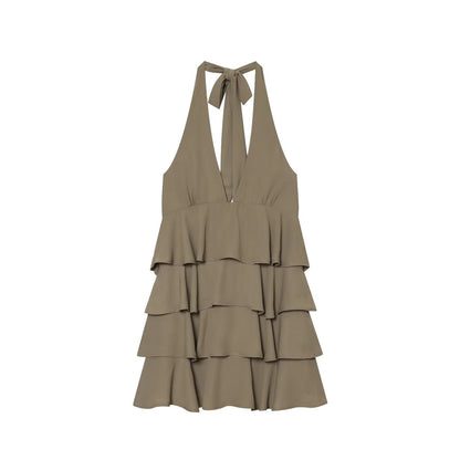 Women's layered decorative hanging neck mini dress