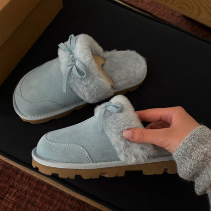 Women's new fur one warm bow decorative slippers