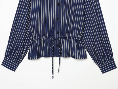 Women's with drawstring striped stand collar shirt