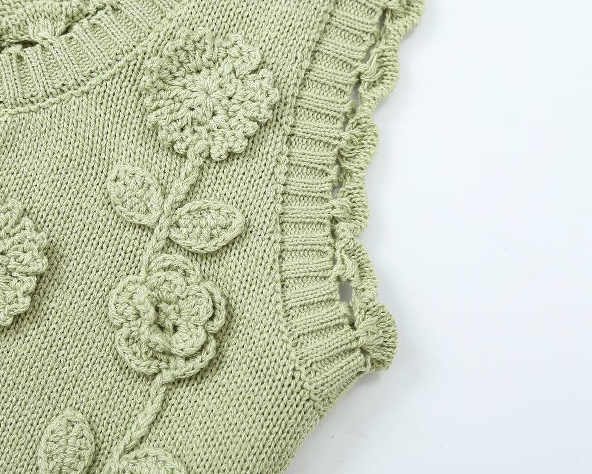 Women's flower decorated U-shaped collar tied knit cardigan
