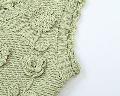 Women's flower decorated U-shaped collar tied knit cardigan