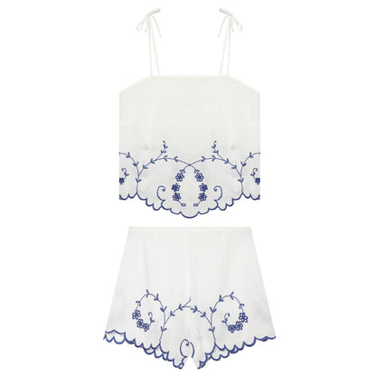 suit Women's 2 pieces linen blend embroidered top+Shorts