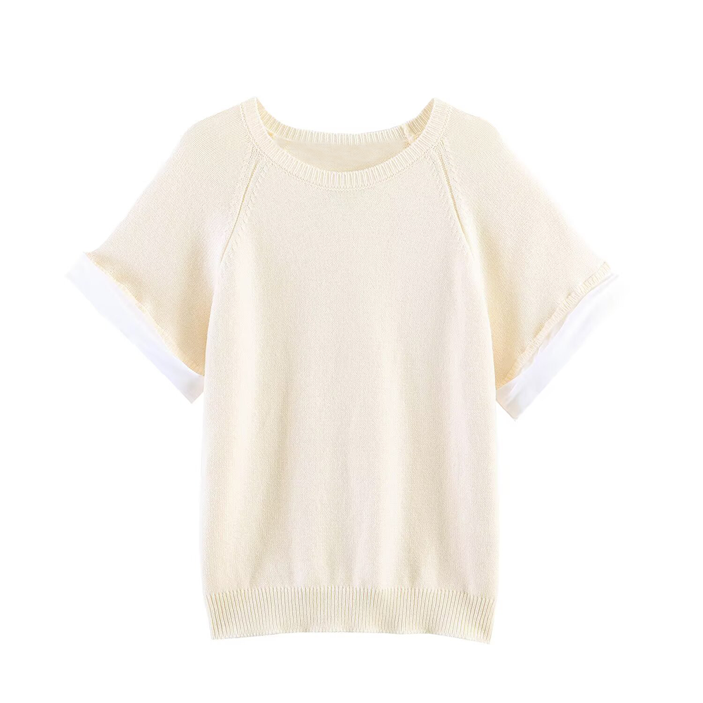 Women's rolled up sleeve patchwork knit sweater