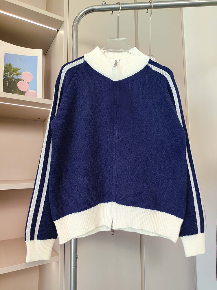 Women's new contrast striped double zipper knit cardigan coat