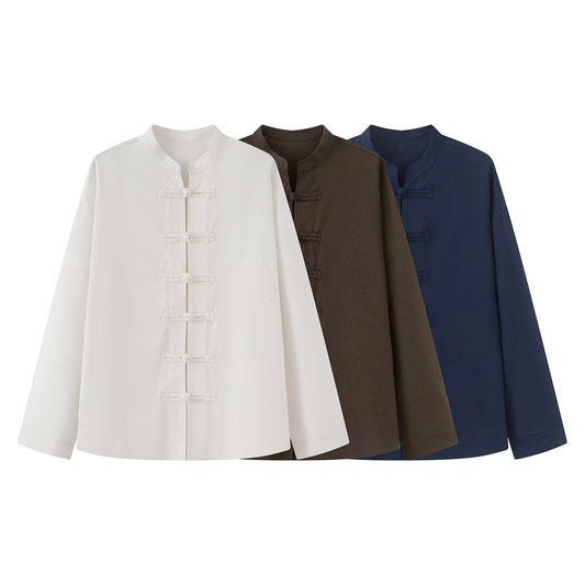 Women's rope knot buckle loose linen blended shirt