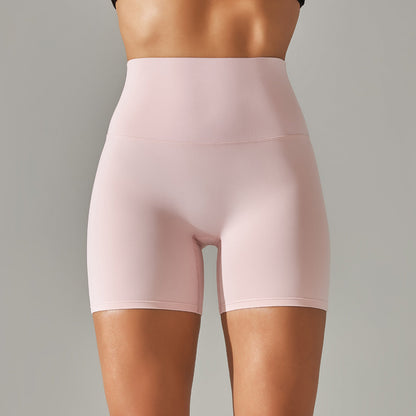 Women's new solid color yoga shorts double sanding tight high waist elastic exercise fitness three-point yoga pants.