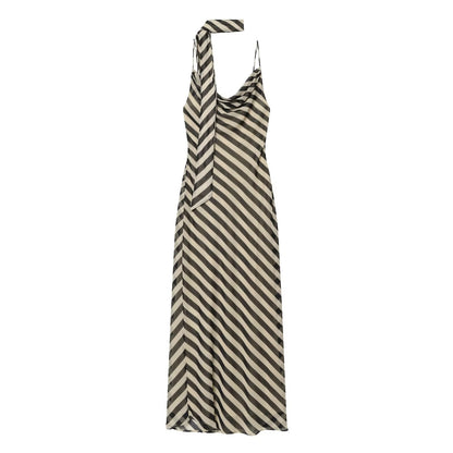Women's ribbon decoration striped Swing collar dress