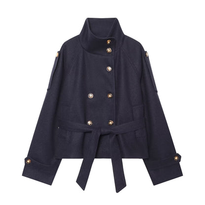 Women's with belt standing collar woolen coat