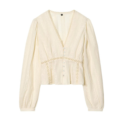 Women's short V-neck embroidered shirt