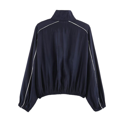 Women's stand collar contrasting striped loose Coat
