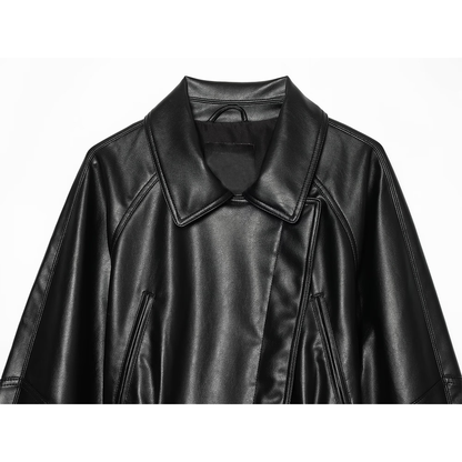 Women's long sleeved lapel leather effect jacket