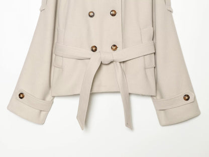 Women's with belt standing collar woolen coat