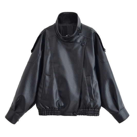 Women's 2026 fashion black stand collar patterned leather jacket Coat