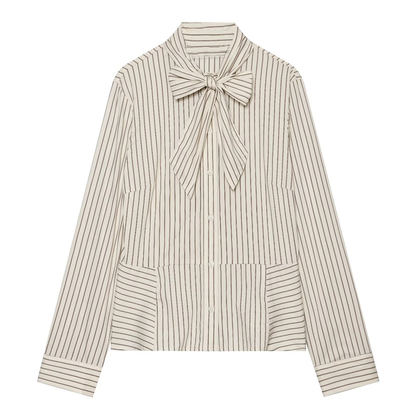 Women's bow decoration stand collar striped shirt