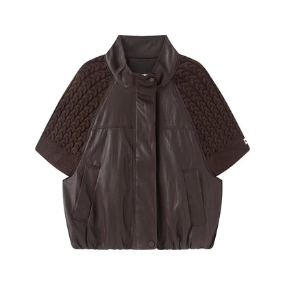 Women's casual knitted patchwork Faux Leather Coat