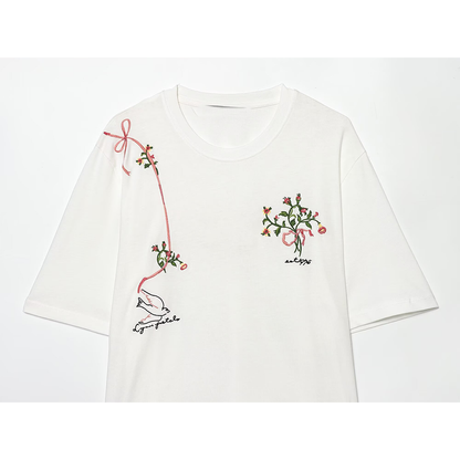 Women's Comfortable O Neck Embroidered Flower T-shirt