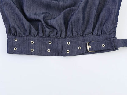 suit Women's 2 pieces rivet buckle decorative sleeveless top+wide leg pants