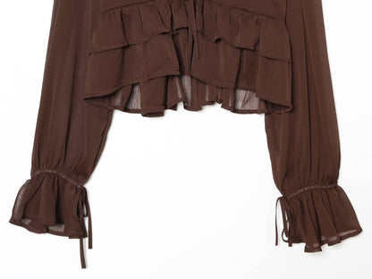 Women's slightly transparent ruffled V-neck top