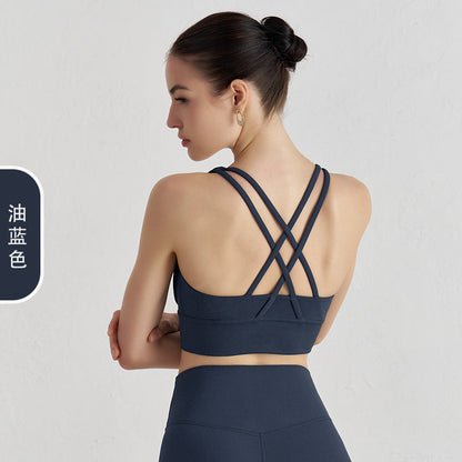 Women's new double-sided sanding cross back sports bra shockproof gathered yoga bra fitness vest