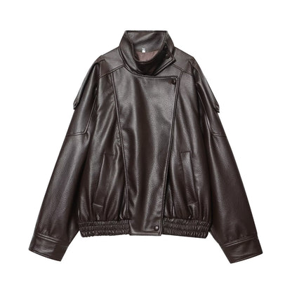 Women's new loose stand collar Faux Leather jacket Coat