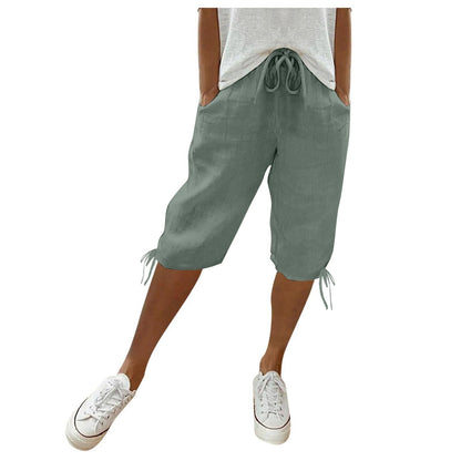2026 women's new cotton and linen pocket elastic drawstring pants