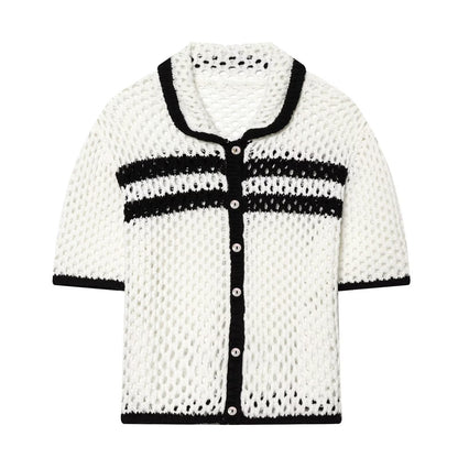 Women's POLO collar hollow knit Coat