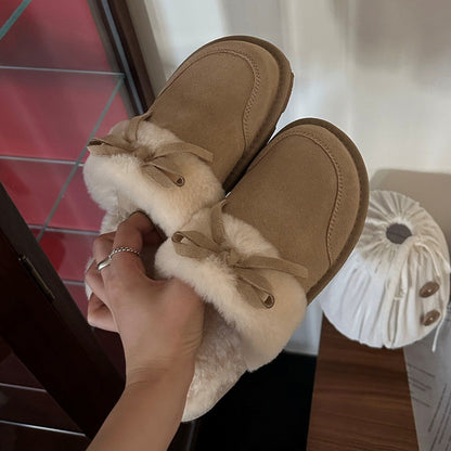 Women's new fur one warm bow decorative slippers