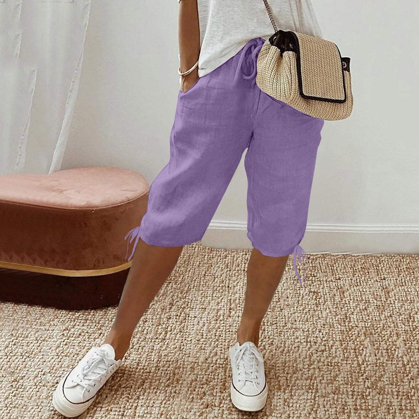 2026 women's new cotton and linen pocket elastic drawstring pants