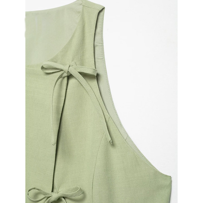 suit Women's 2 pieces bow decoration hanging neck top+culottes