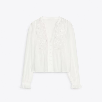 Women's V-neck pleated embroidered shirt