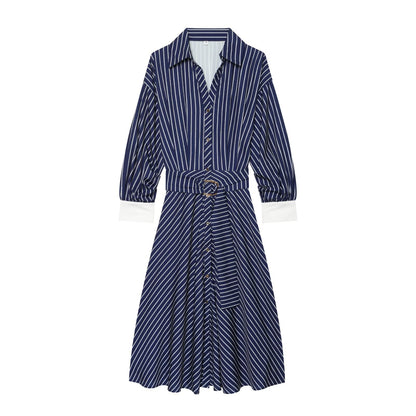 Women's with belt striped shirt style dress
