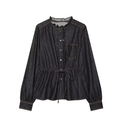 Women's ruffled waistband decorative denim shirt