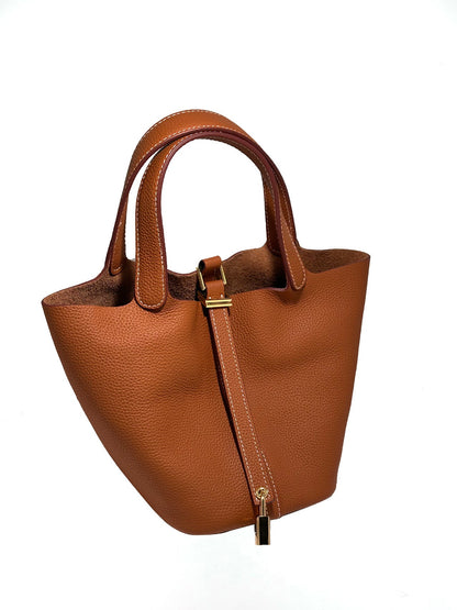 Women's New Casual Fashion Bucket Bag Leather First Leather Portable Shopping Basket Bag
