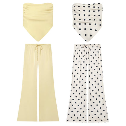 suit Women's 2 pieces satin textured strapless top+polka dot pants