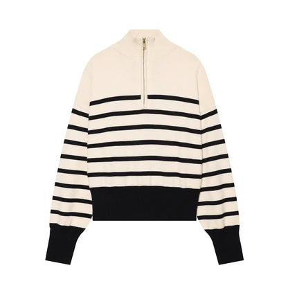 Women's soft textured zipper striped knitted sweater