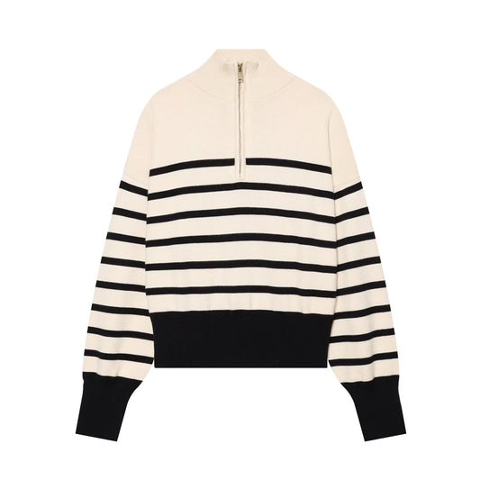 Women's soft textured zipper striped knitted sweater