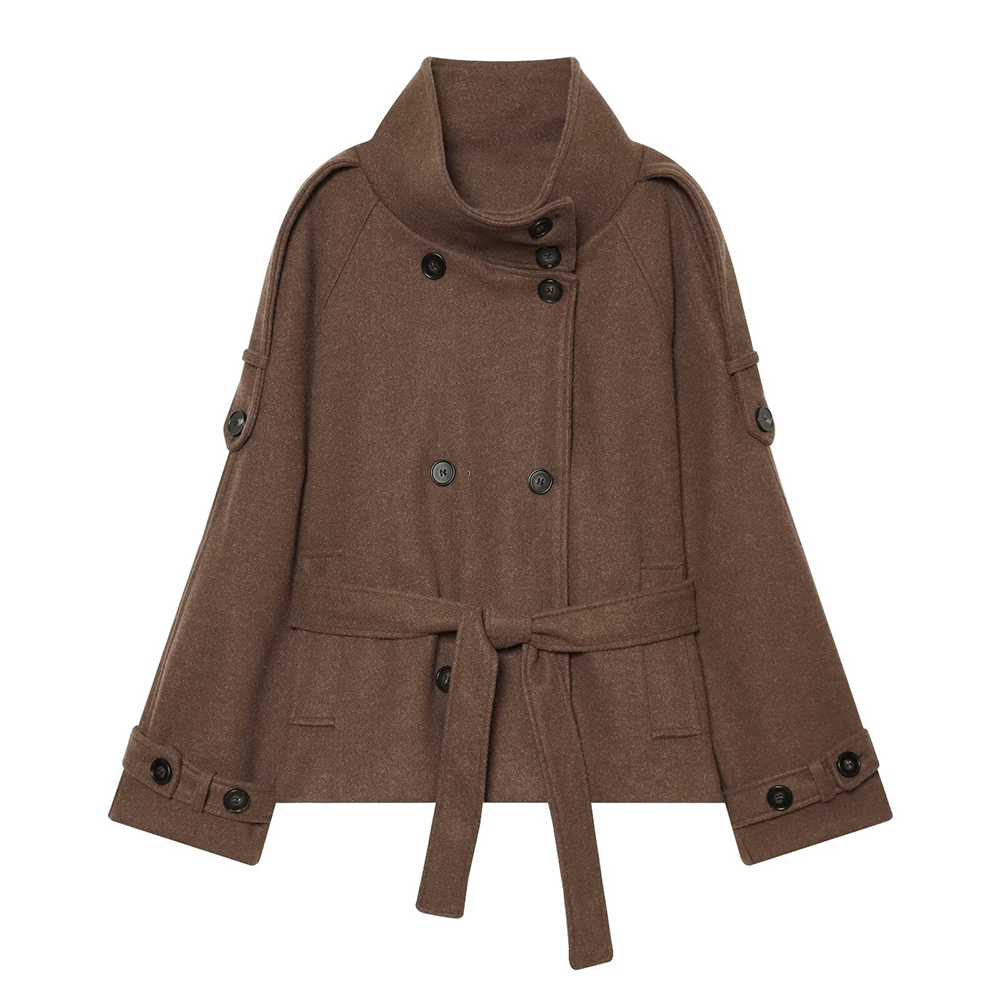 Women's soft textured double breasted stand collar Coat