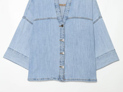 suit Women's 2 pieces wide sleeved denim shirt+wide leg jeans