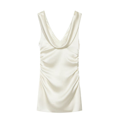 Women's pleated decorative satin texture mini dress