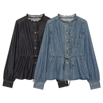 Women's ruffled waistband decorative denim shirt