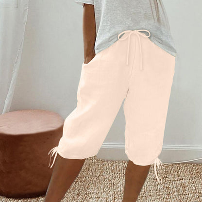 2026 women's new cotton and linen pocket elastic drawstring pants