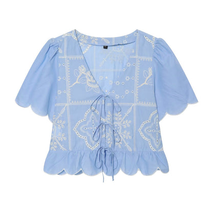 Women's bow decoration hollow embroidery shirt