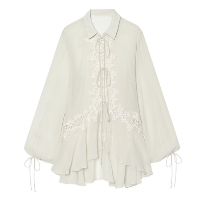 Women's long sleeved lapel embroidered lace shirt