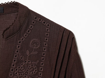 Women's V-neck pleated embroidered shirt